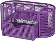 Purple Pen Holder with 9 Compartments, Metal Pencil Holder Stationery Caddy with Drawer, Space-Saving Multifunctional Desk Organizers and Accessories