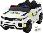 Rigo Kids Ride On Car Police, Remote Control 12V Battery Horn Headlight Built-in Music 30kg Capacity Safety Seat Belt Electric Cars for Toddlers Baby Walkers Little Tikes Rides Kid Toy White