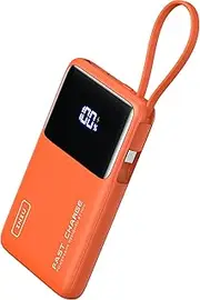 [INIU] Portable Charger, Slimmest 10000mAh Power Bank with Build in USB-C Cable, 45W PD Fast Charging USB C in&Out Battery Pack, External Phone Charger for iPhone 16 15 14 Samsung S25 S24 Google[Orange]