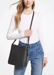 Michael Kors Jet Set Large Travel Logo Messenger Bag Black Leather