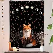 Aesthetic Fox Moon Phase Vertical Tapestry, Trippy Animal Floral Witchy Tarot Tapestry Wall Hanging for Bedroom, Black Fall Maple Leaves Tapestries Poster Blanket College Dorm Home Decor (30X40)