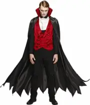 Fever Adult mens Vampire Costume, Waistcoat, Cape and Cravat, Halloween, Size M