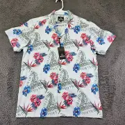 Floral Print Button Up Shirt Short Sleeve Casual Sky Blue Large Threadbare