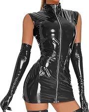 [Generic] Womens Latex Mini Dress PVC Leather Bodycon Dress Sexy Lingerie Front Zipper Club Party Dresses Exotic Costumes