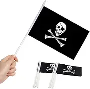 Pirate Stick Flag, ANLEY Jolly Roger 5x8 inch HandHeld Mini Flag With 12" White Solid Pole - Vivid Color and Fade Resistant - 5 x 8 inch Hand Held Stick Flags With Spear Top (1 Dozen)
