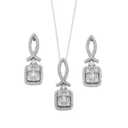 Bevilles Sterling Silver Baguette Cubic Zirconia Cluster Earrings and Necklace Set