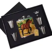 Belgian Draft Horse Leather Flask Black Box Gift Set