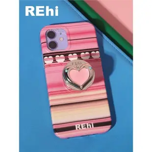 Rehi 條條桃心愛心粉色iPhone15Pro手機殼x閃亮心心小眾氣囊手機支架