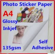 100X A4 135GSM Glossy Photo Paper Sticker Self Adhesive Inkjet Print Sheet Offic