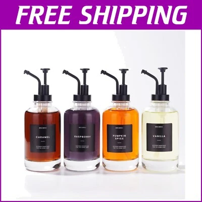 High-Quality Coffee Syrup Dispenser Set: 4 Glass Bottles with Custom Labels