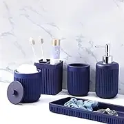 XLHOMO Resin Navy Blue Bathroom Accessories Set 5 Pcs, Lotion Soap Dispenser, Toothbrush Holder, Bathroom Tumbler, Qtip Holder and Vanity Tray, Bathroom Countertop Organizer Set for Modern Apartment
