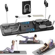 Pilates Board Reformer Machine Set Multifunctional Pilates Board Ab Roller Wheel Training Board with Elbow Support Automatic Rebound Pilates Equipment Foldable with Resistance Rope and Timer(Bl