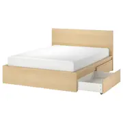 MALM bed frame, high, w 4 storage boxes, white stained oak veneer, 180x200 cm
