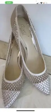 Badgley Mischka JEWEL Floria Crystal Embellished Mesh Pump Sz 7.5 BEIGE - NEW