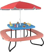 HONEY JOY 8 Person Kids Picnic Table, Outdoor Activity Table w/Adjustable & Collapsible Umbrella, 4 Built-in Benches for up to 8 Children, HDPE Picnic Table Set w/Sturdy Metal Frame for Ages 3+, Blue