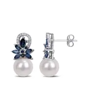 14K 1.79 ct. tw. Diamond, Sapphire, & 9-9.5mm Freshwater Pearl Floral Earrings