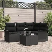 5 Piece Outdoor Patio Sofa Set, Black Poly Rattan Garden Furniture with Cushions, Modern Daybed Seating for Balcony or Terrasse