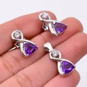 925 Sterling Silver Natural Amethyst Trillion Cut Stone Pendant & Earrings Set