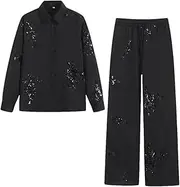 [Generic] Women's Collar Satin Sequin Patchwork Embroidered Shirt Long Sleeved Set Solid Color Casual Loose Long Sleeved Two-Piece Set