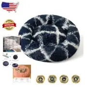 Fluffy Round Pet Bed in Dark Blue Plaid - Machine Washable, Non-Slip Comfort