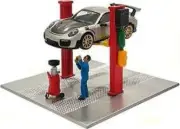 American Diorama 1:64 Scale Post Lift w/Oil Drainer & Mechanic Red