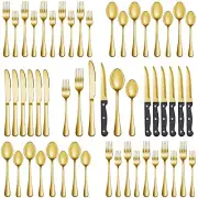 36 Pcs Gold Silverware Set with Steak Knives, Stainless Steel Flatware Cutler...