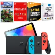 Nintendo Switch Neon Red/Blue OLED + Minecraft + NSO 1 Year Family Membership