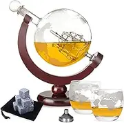 Homodoskey Whiskey Decanter Globe Set with 2 Etched Globe Whisky Glasses & Chilling Stones- for Liquor, Scotch, Bourbon, Vodka - 850ml