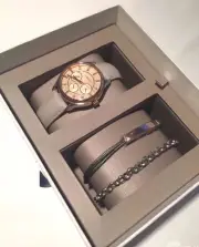 FOSSIL 3 PC SET ROSE GOLD TONE,MULTI FUNCTION,CRYSTALs,GRAY BAND,WATCH-BQ3128SET
