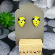 GREEN ALIEN STUD EARRING SILVER POLYMER CLAY RESIN HANDMADE BY PAGEONE