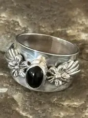Women Black Onyx Navajo Sterling Silver Leaf Flower Ring Size 8.5 17376