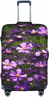 [Pvinnk] Purple Flowers Print Protective Luggage Cover Elastic Washable Suitcase Protector Travel Gear Protector, White, Medium