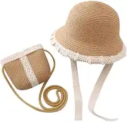 [OhMill] Kids Sun Hat Girls Lace Straw Hat Bucket Cap with Mini Cross Body Straw Bag Summer Beach Straw Hat Outdoor Travel