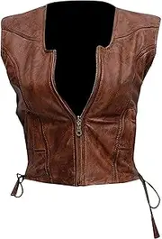 Women Michonne Walking Dead Vest Danai Gurira Motorcycle Brown Leather Vest Real/Faux, Brown, Medium