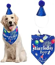Dog Birthday Party Set, Blue Birthday Boy Bandana and Glitter Party Hat with Pom Pom