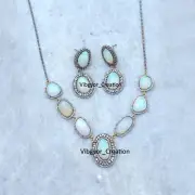 Pave Diamond 22" Necklace Baguette Diamond Opal Gemstone Earrings Jewelry Set