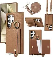 [XMTON] Case for Samsung Galaxy S25 Ultra, Crossbody Case with Wallet [Card Slots] [Ring Stand] Wrist Strap Wallet Mobile Phone Case Slim Thin Leather Cover for Samsung Galaxy S25 Ultra, Brown