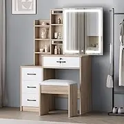 ALFORDSON 4-Drawer Dressing Table, Lockable Drawer & Sliding Mirror, Vanity Set for Bedroom, 80x36x131.5cm, Wood White Color- 10 Brightness Levels, Hidden Storage Stool