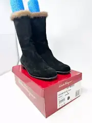 Salvatore Ferragamo Feminity Boots Faux Fur Trim Side Zip Suede Black Size 9