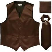 New Men's Solid Tuxedo Vest Waistcoat & Ascot Cravat Set Brown Wedding formal