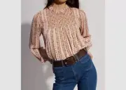 $395 See By Chloe Women Pink Long Sleeve Pleated Floral-Print Blouse Top Size 42