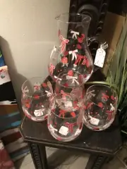 x4 HAND PAINTED STRAWBERRY & BOW'S GLASS CUPS SET & GLASS PITCHER PRIMA DESIGN
