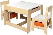 Bopeep Kids Table and Chair Set Storage Box Toys Play Activity Desk Wooden Study Toddler Double-Sided Chalkboard Detachable Tabletop 3 in 1 1 Table+ 2 Chairs, Natural