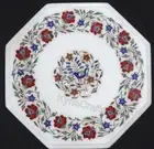 Octagon White Marble Coffee Table Top Floral Pattern Inlay Work Patio Side Table