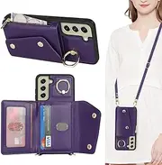 [Lipvina] for Samsung Galaxy S21 FE Case with Card Holder and Strap - Zipper Pocket,Crossbody Lanyard Strap,Credit Card Holder,Stand Ring,Cute Phone Wallet Case for Women(Dark Purple,6.4 Inch)