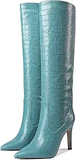 [UP2STEP] Women Fancy Croc Prints Knee High Boots Pointed Toe Stiletto High Heel Embossed Solid Dress Shoes