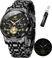 OLEVS Wrist Watches for Men Two Tone Stainless Steel Waterproof Quartz Watch Diamond Chronograph Moon Phase Gold Blue Black Dial Male Watch