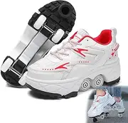[AMMFIT] Deformation Roller Shoes Quad Roller Skates with Brake, Shoes with Wheels for Kids and Adults Sports Outdoors Technical Skateboarding Shoe,Red-7.5