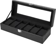 Watch Box, 6 Slot Watch Holder With Glass Lid, Pu Leather Watch Case Watch Box For Men And Women, Watch Display Storage Box, Valentines Day Birthday, Black