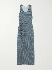 [RABANNE] RABANNE - Asymmetric Gathered Striped Stretch-jersey Midi Dress - Blue - FR 40 FR 40 Blue